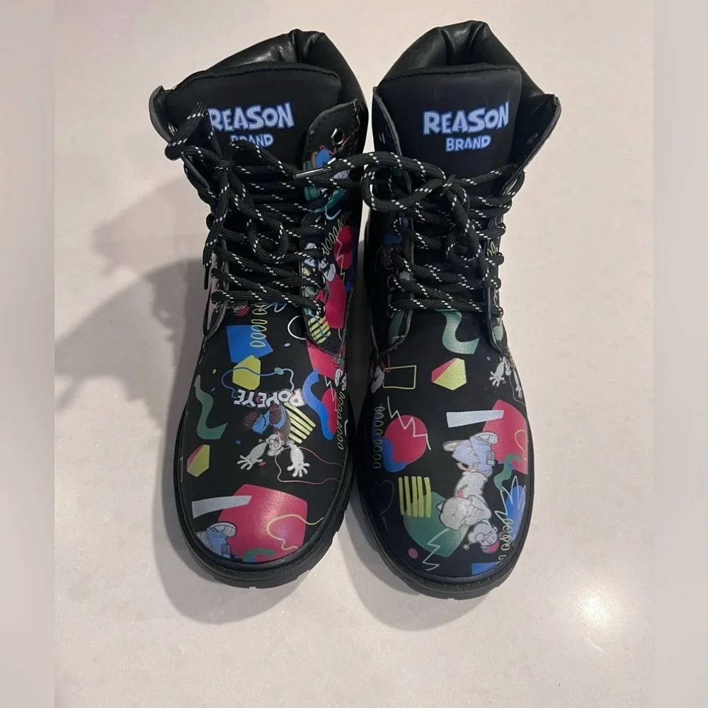 Popeye X Reason Collab Faux Suede Graffiti Print Boots‎ Black Mens 10 New